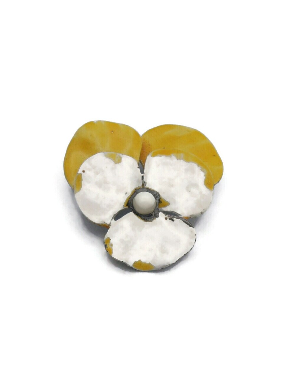 Vintage White and Yellow Enameled Flower Brooch with Faux Pearl.